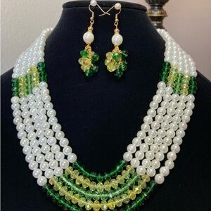 Elegant Green and White Pearl Necklace and Earring Set